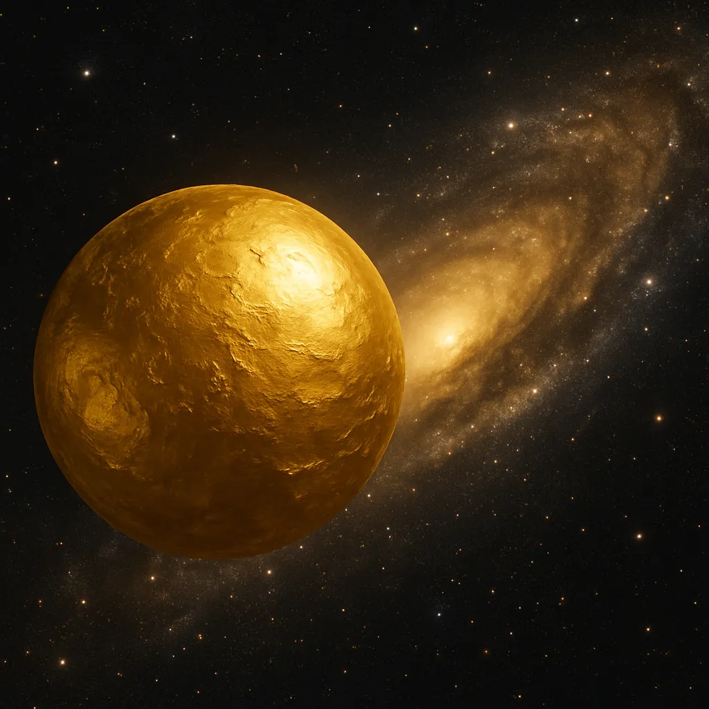 Conceptual image of a golden planet in a galaxy, representing cosmic origins of gold.