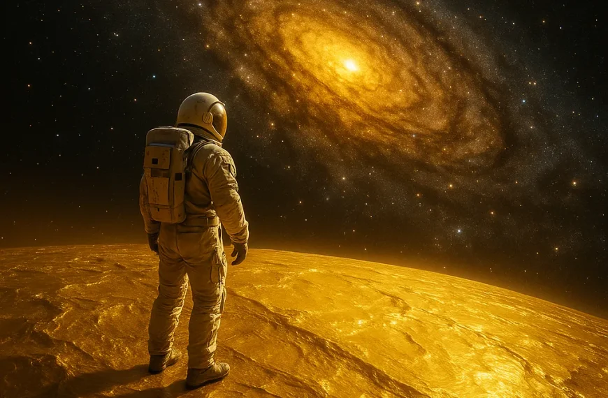 Astronaut standing on a golden surface, gazing at a glowing spiral galaxy in deep space.