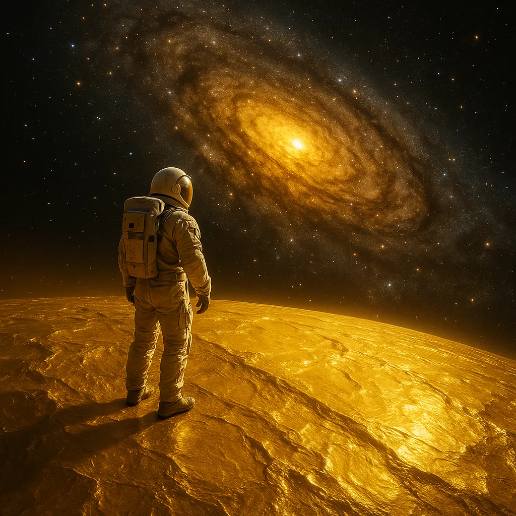 Astronaut standing on a golden surface, gazing at a glowing spiral galaxy in deep space.
