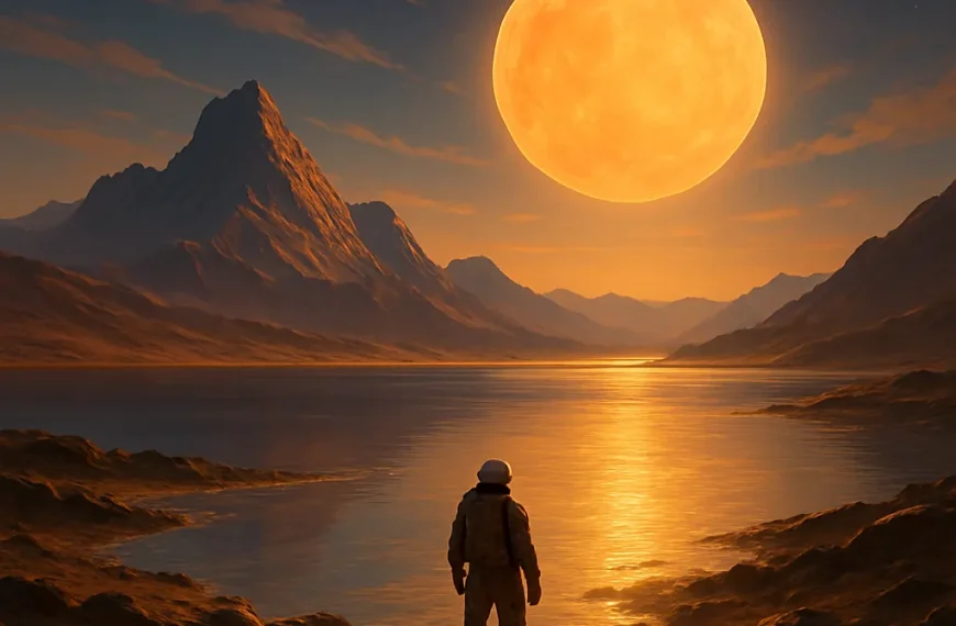 Astronaut observing a large glowing sun over a reflective lake on an alien planet.