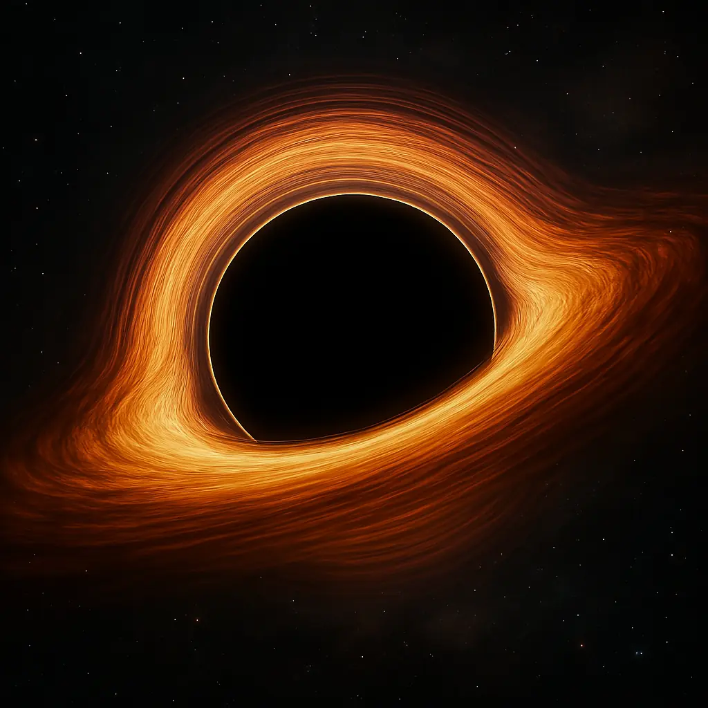 A bright orange glowing black hole distorting light around its event horizon.
