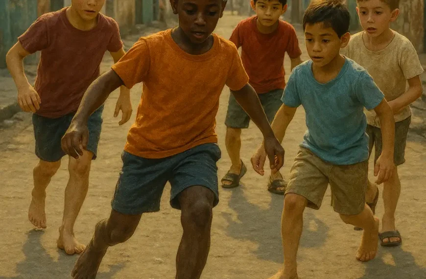 Children from different backgrounds playing barefoot street football in a colorful urban neighborhood