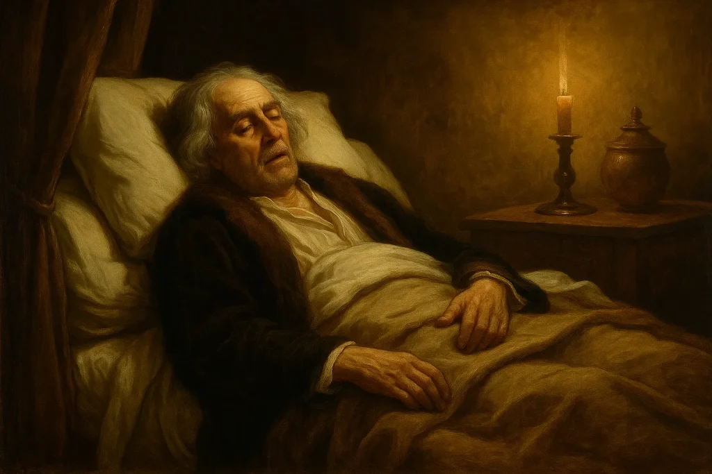 An old man lies peacefully in bed illuminated by a candlelight, evoking a solemn and reflective mood.