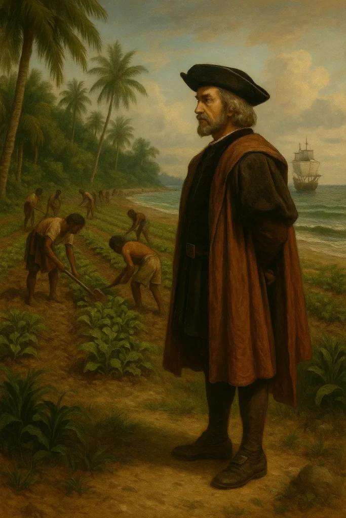 A European man in Renaissance clothing stands on a tropical shore overseeing indigenous people working the land.