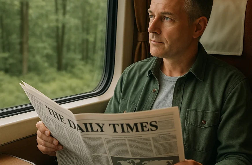 Middle-aged man reading newspaper while sitting by train window during daytime travel