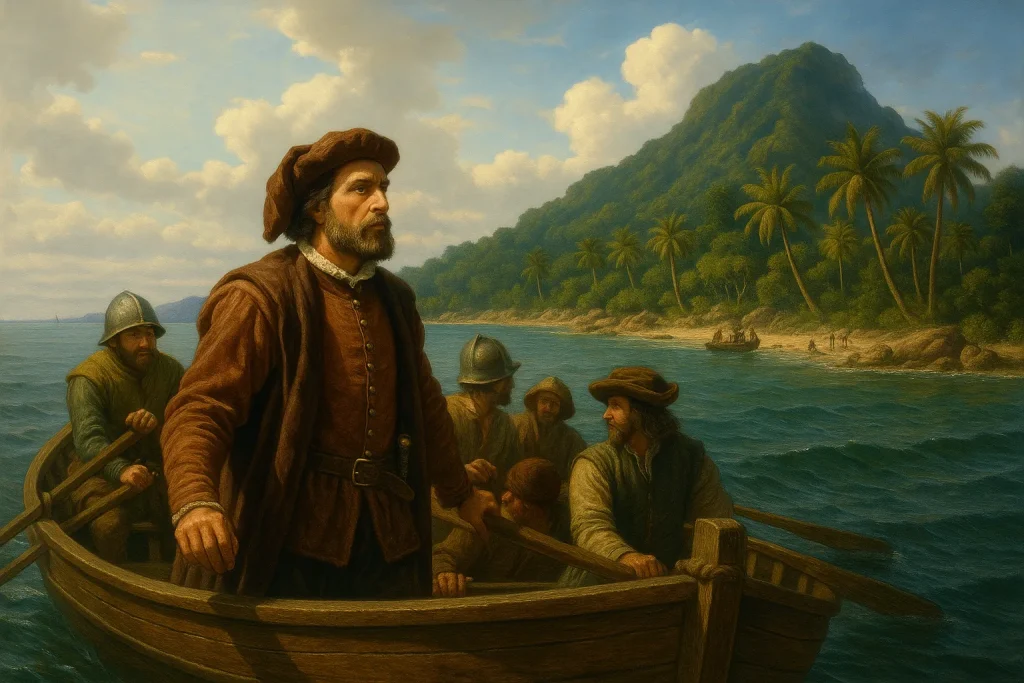 A group of European explorers in a wooden rowboat approach a lush island covered in palm trees under a bright sky.