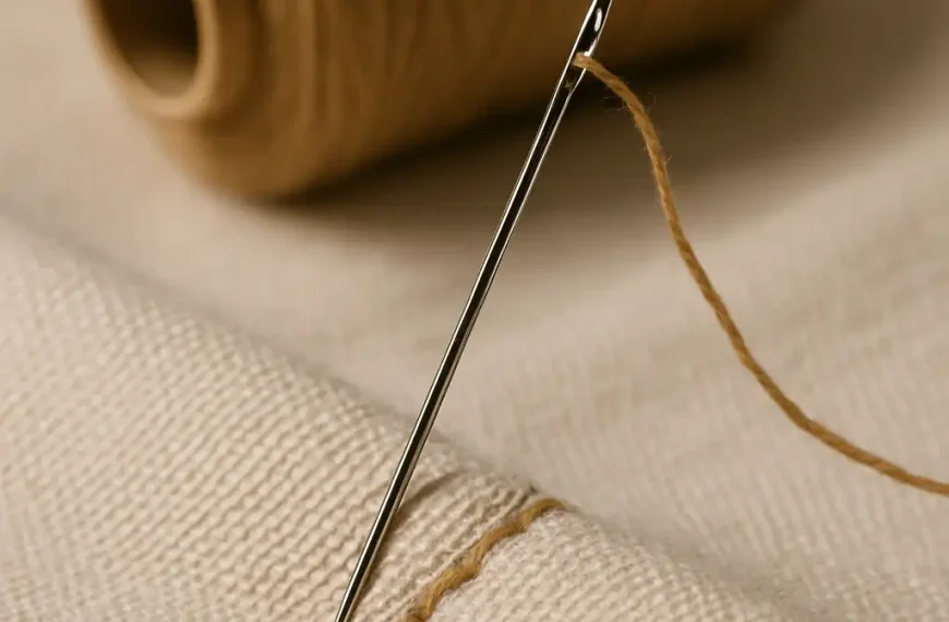 A close-up of a sewing needle with brown thread stitching fabric, with a spool of thread in the background.
