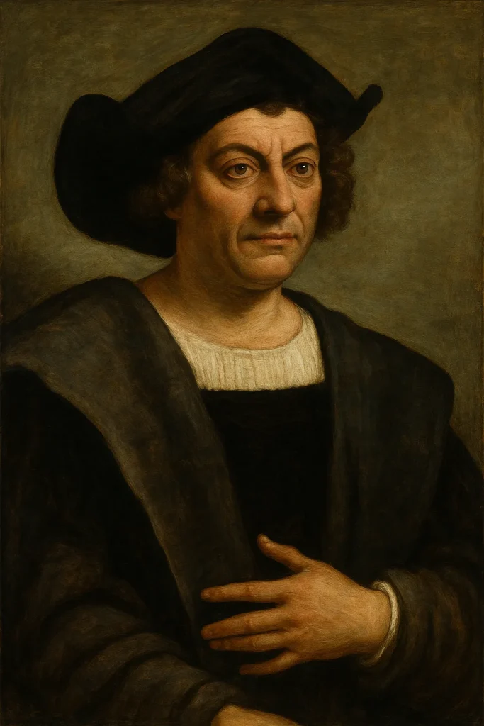 A Renaissance-style portrait of a serious-looking man in dark robes and a wide-brimmed hat, facing forward.