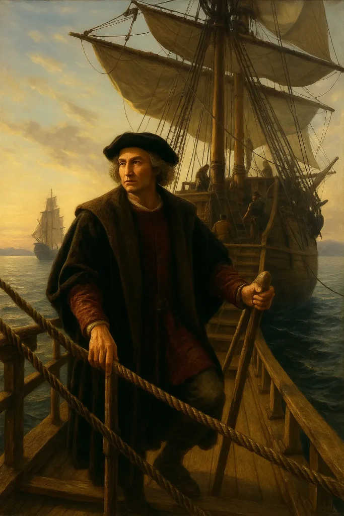 A European navigator on the deck of a wooden ship gazes into the horizon as the crew works in the background.
