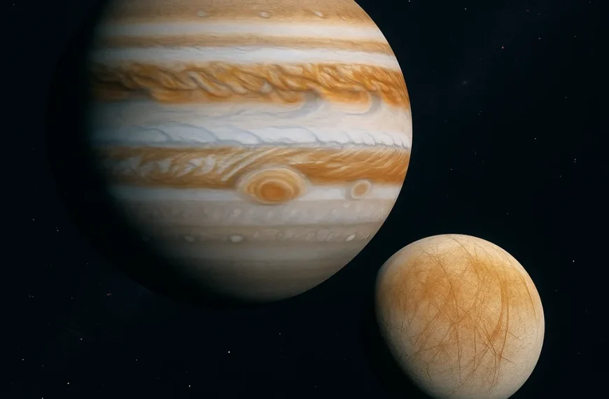 View of Jupiter and its moon Europa in space, highlighting their scale difference.