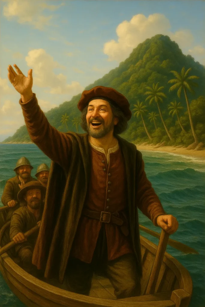 A joyful European explorer standing at the front of a rowboat, raising his hand in excitement as he approaches a tropical island covered in palm trees.