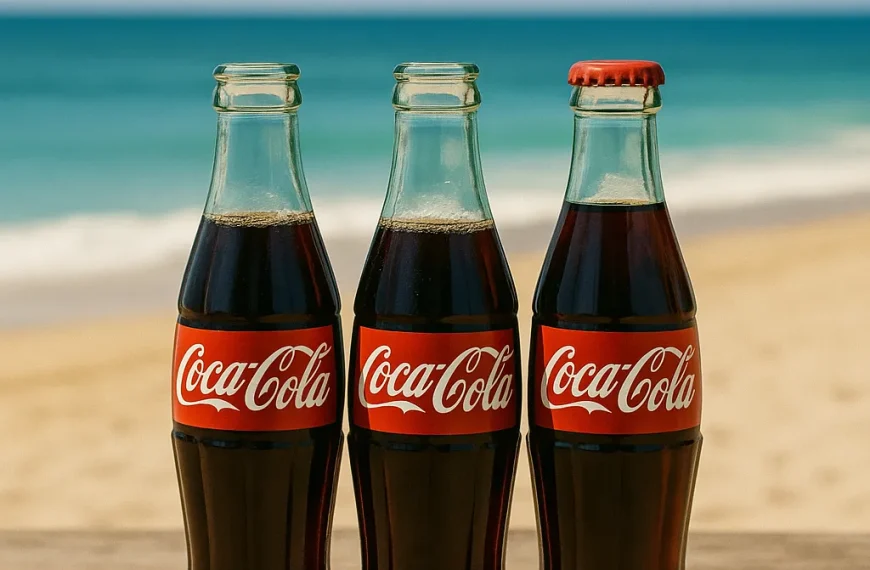 Three Coca-Cola bottles placed on a wooden table near the beach with blue sky background.