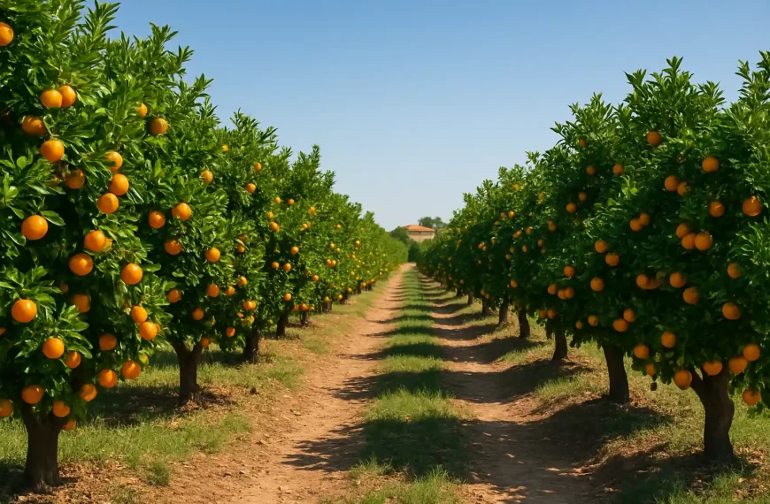 Orange grove with symmetrical rows of fruit-laden trees under clear blue sky