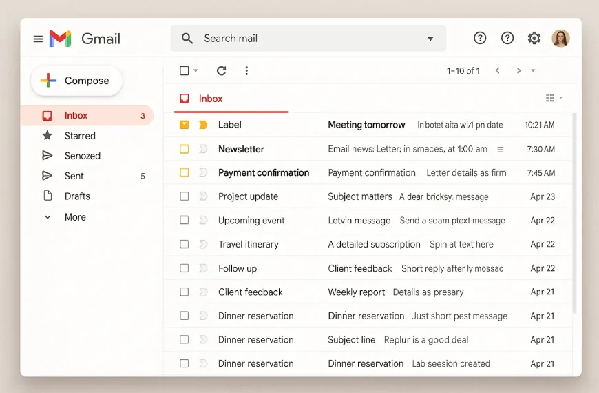 Modern Gmail inbox with labels, starred emails, and navigation panel
