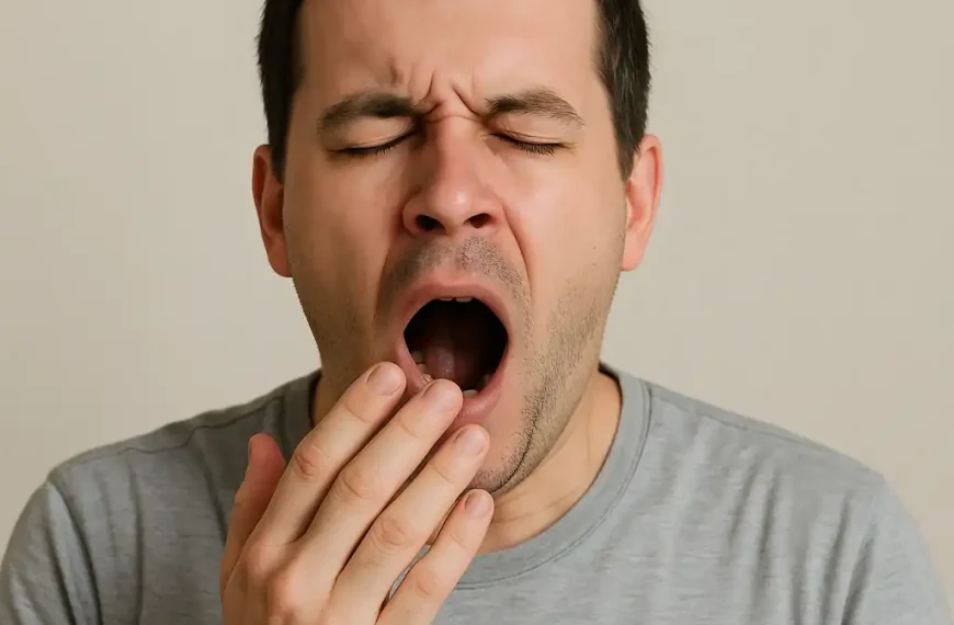 A man yawning with eyes closed, showing how yawning relates to brain cooling and social reflexes.