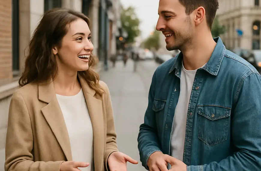 A smiling couple having a lively conversation on a city sidewalk during the day