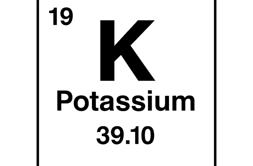 Periodic table symbol of potassium with atomic number 19 and atomic mass 39.10