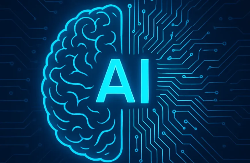 Illustration of a brain connected to AI circuits, symbolizing the fusion of biology and machine intelligence.