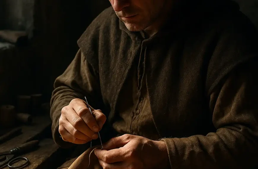 A medieval man sewing a piece of fabric by hand in a dimly lit workshop