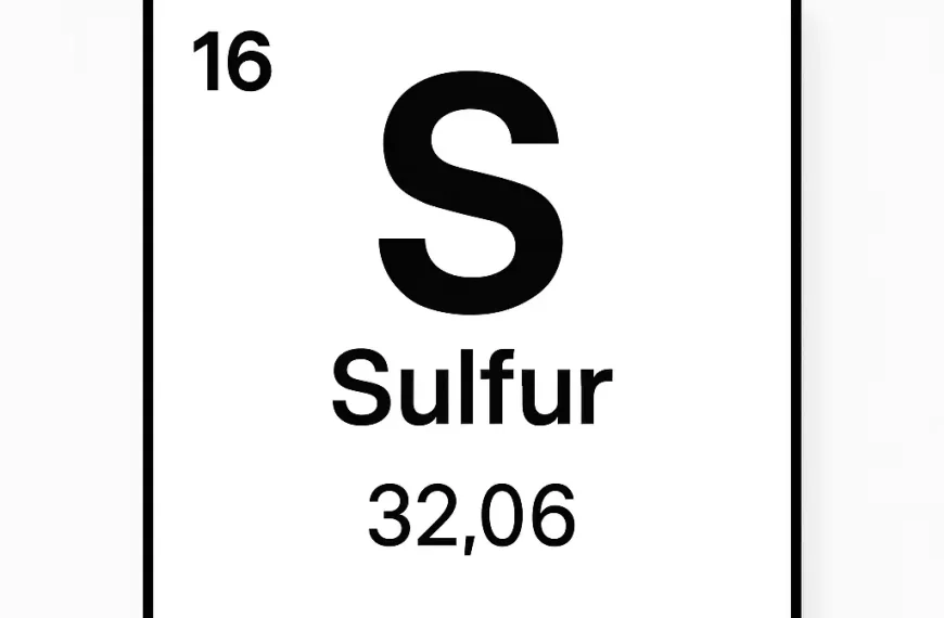 Sulfur element in the periodic table with atomic number 16 and atomic mass 32.06