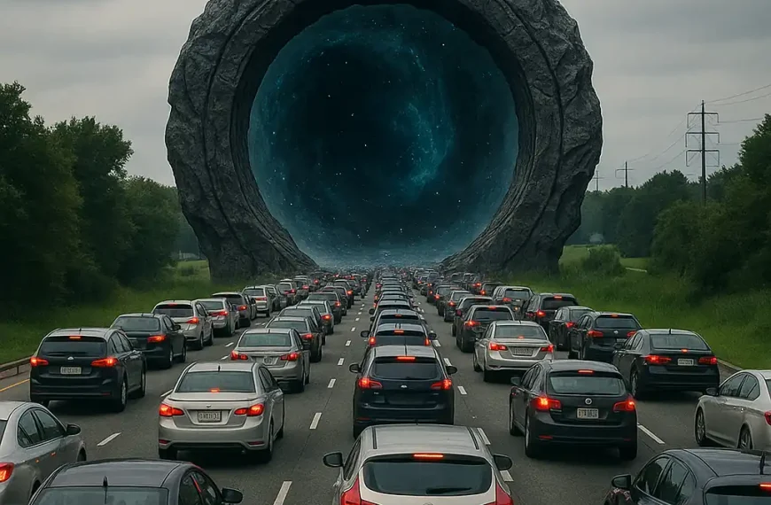 A giant space portal opens on a busy highway, suggesting a connection to Parallel Universes in everyday life.