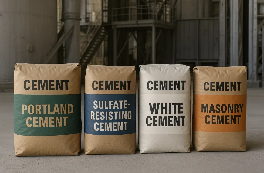 Different types of cement bags including Portland, sulfate-resisting, white, and masonry cement