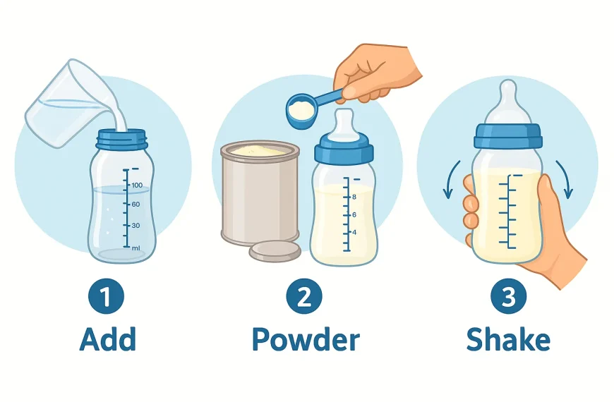 Step-by-step illustration showing how to prepare baby formula with water, powder, and shaking