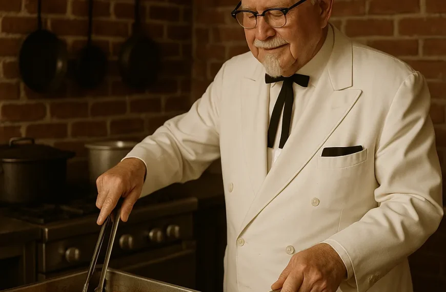 Colonel Sanders frying chicken in a traditional kitchen