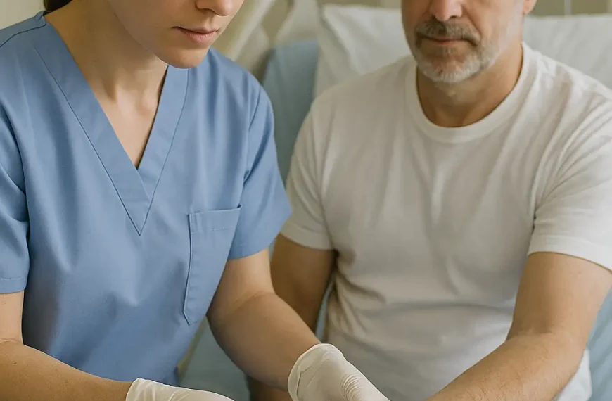 Nurse applying a sterile dressing to a patient’s hand wound in a hospital
