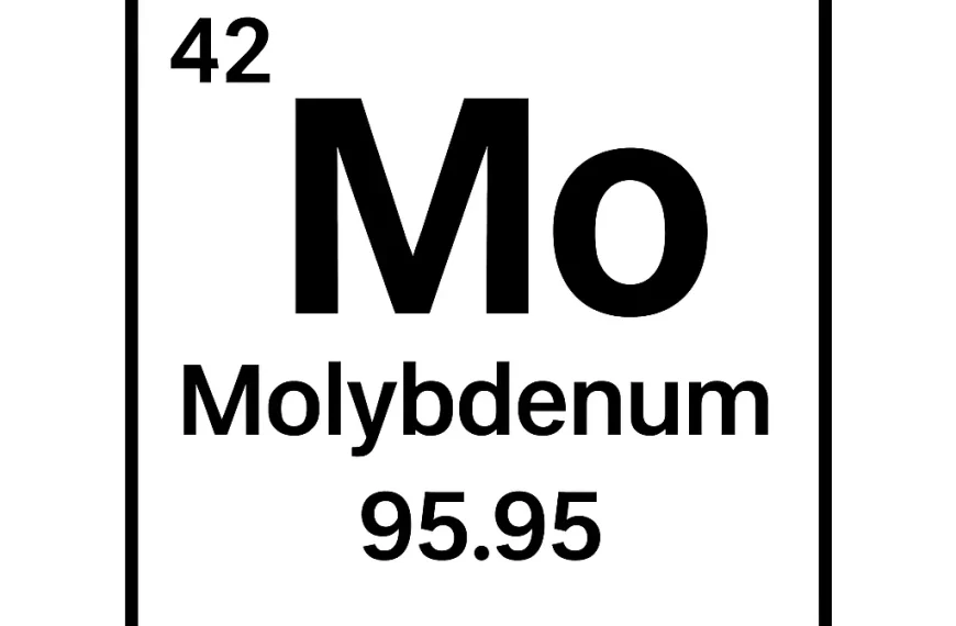 Periodic table symbol for molybdenum with atomic number 42 and atomic mass 95.95