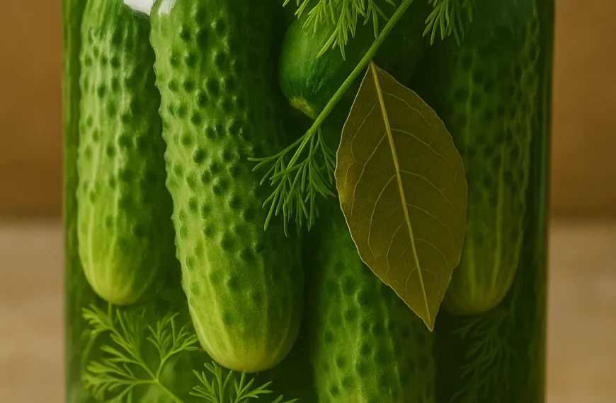 Jar of homemade pickles with dill, garlic, and mustard seeds