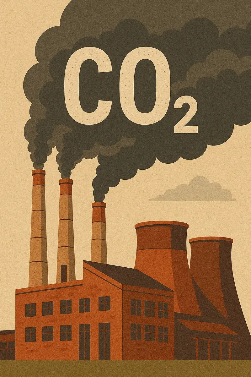 Industrial factory emitting large amounts of CO2 into the atmosphere through smokestacks