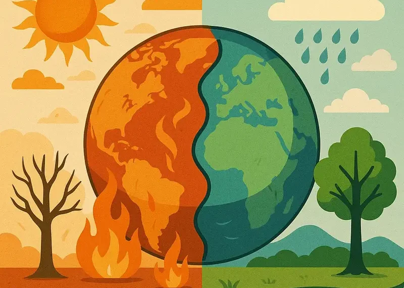 Illustration showing Earth divided between global warming effects and a healthy environment