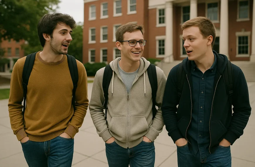 Three young men talking and walking on a university campus