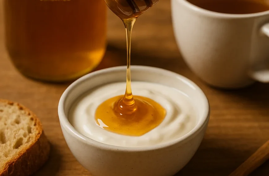 Honey being drizzled on yogurt with tea and bread in background