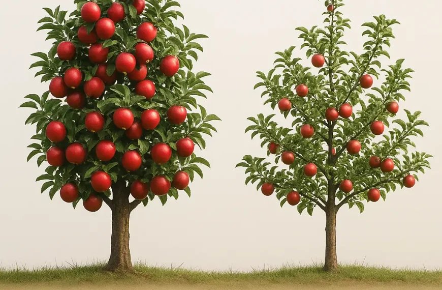Comparison between a genetically modified apple tree and a natural one showing fruit quantity