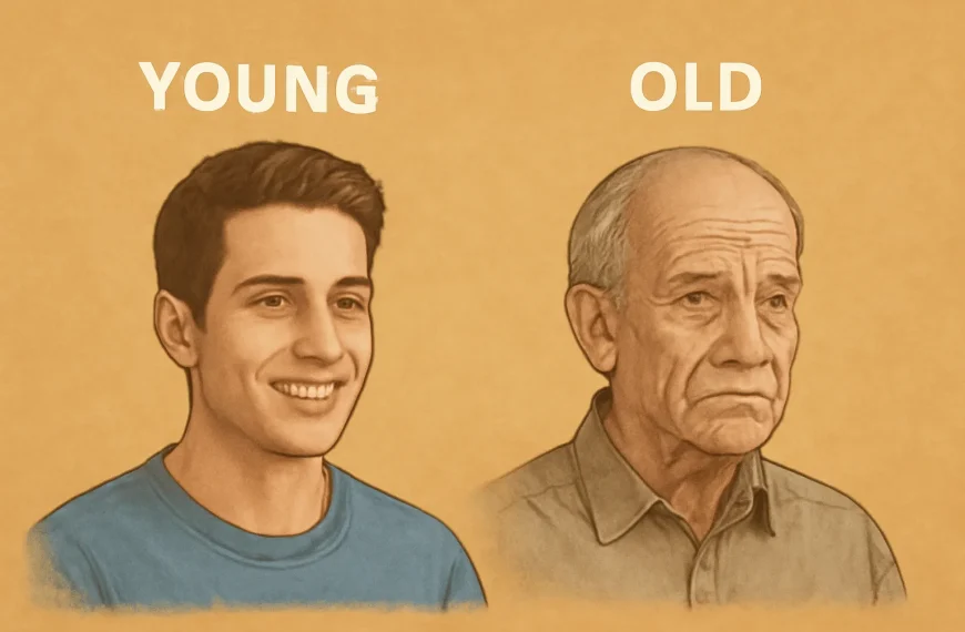 Side-by-side portraits labeled "Young" and "Old" depicting a smiling young man in a blue shirt next to a solemn elderly man against a warm-toned background.