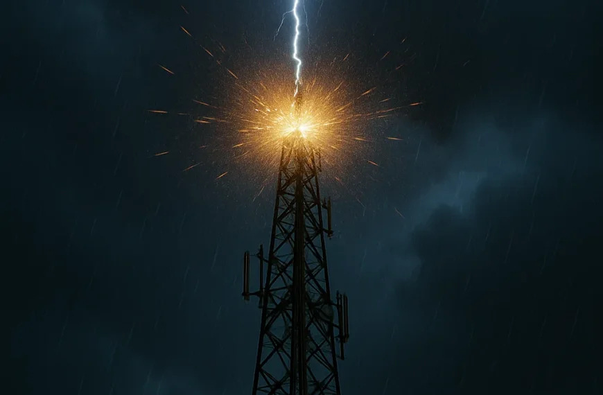 Lightning bolt hitting the top of a communication tower with sparks