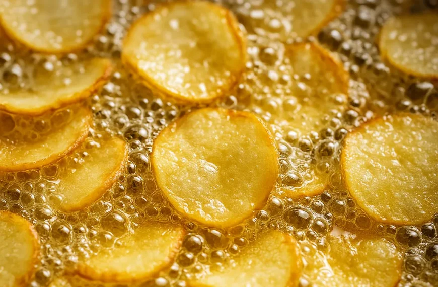 Thin potato slices frying in bubbling oil