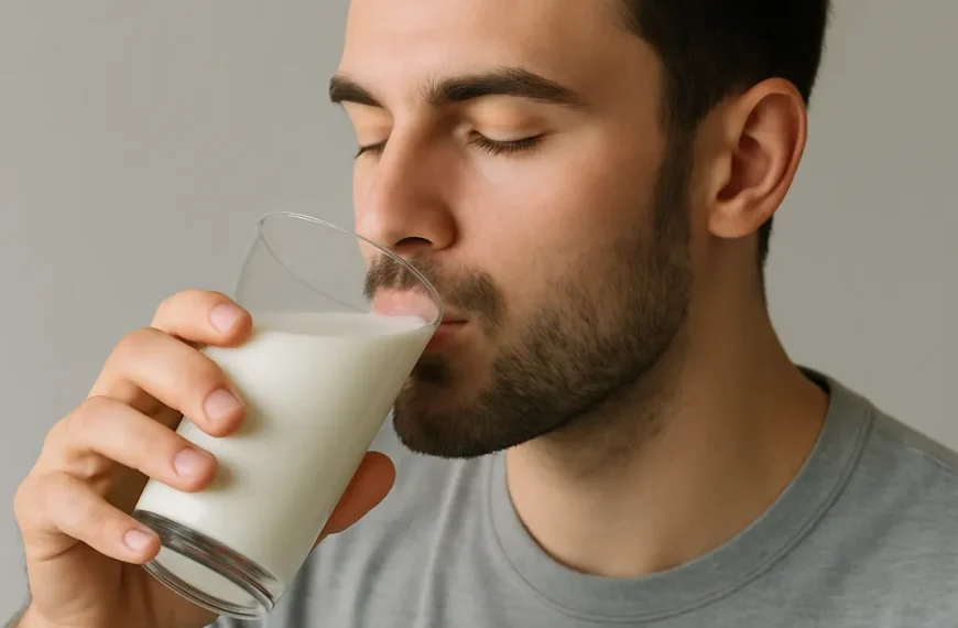 Man drinking a glass of milk with closed eyes
