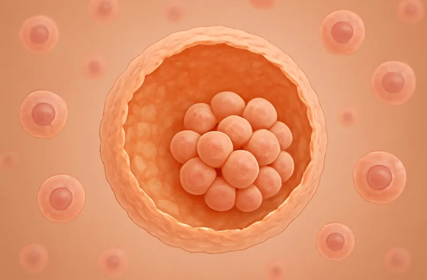 Alt text: 3D illustration of a human embryo at the blastocyst stage showing clustered stem cells inside.
